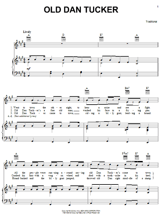 Traditional Old Dan Tucker Sheet Music Notes & Chords for Piano, Vocal & Guitar (Right-Hand Melody) - Download or Print PDF