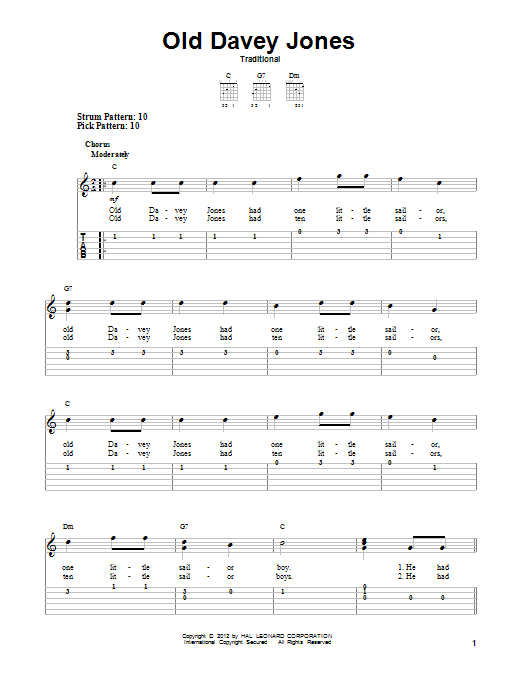 Traditional Old Davey Jones Sheet Music Notes & Chords for Easy Guitar Tab - Download or Print PDF
