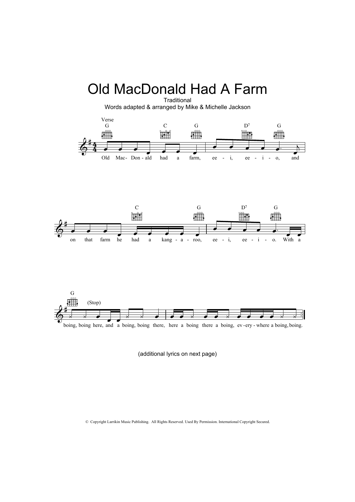 Traditional Old MacDonald Had A Farm (Australian version) Sheet Music Notes & Chords for Melody Line, Lyrics & Chords - Download or Print PDF