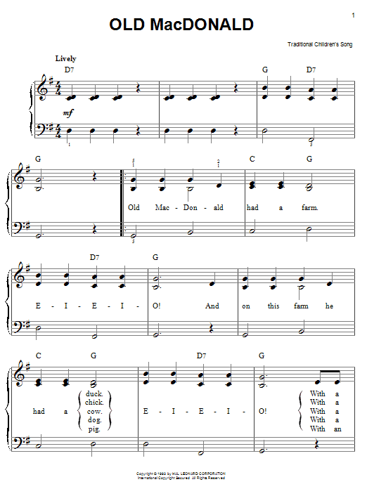 Traditional Old MacDonald Sheet Music Notes & Chords for Keyboard - Download or Print PDF