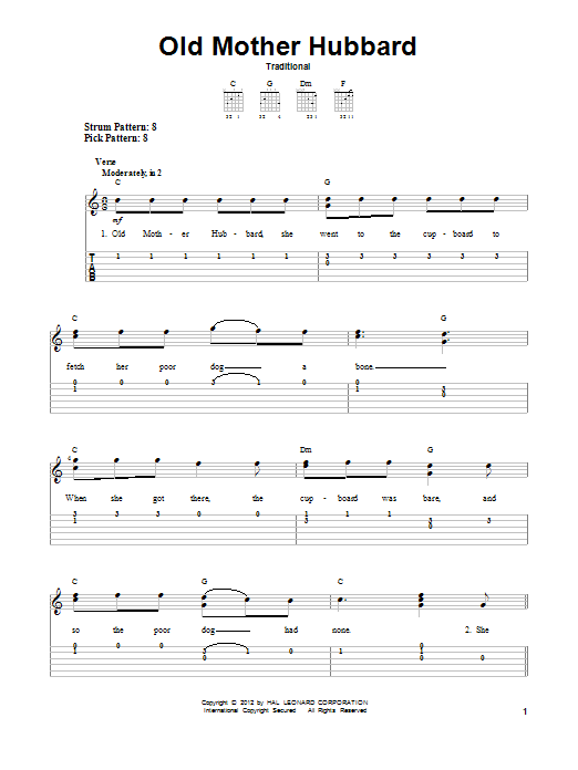 Traditional Old Mother Hubbard Sheet Music Notes & Chords for Easy Guitar Tab - Download or Print PDF