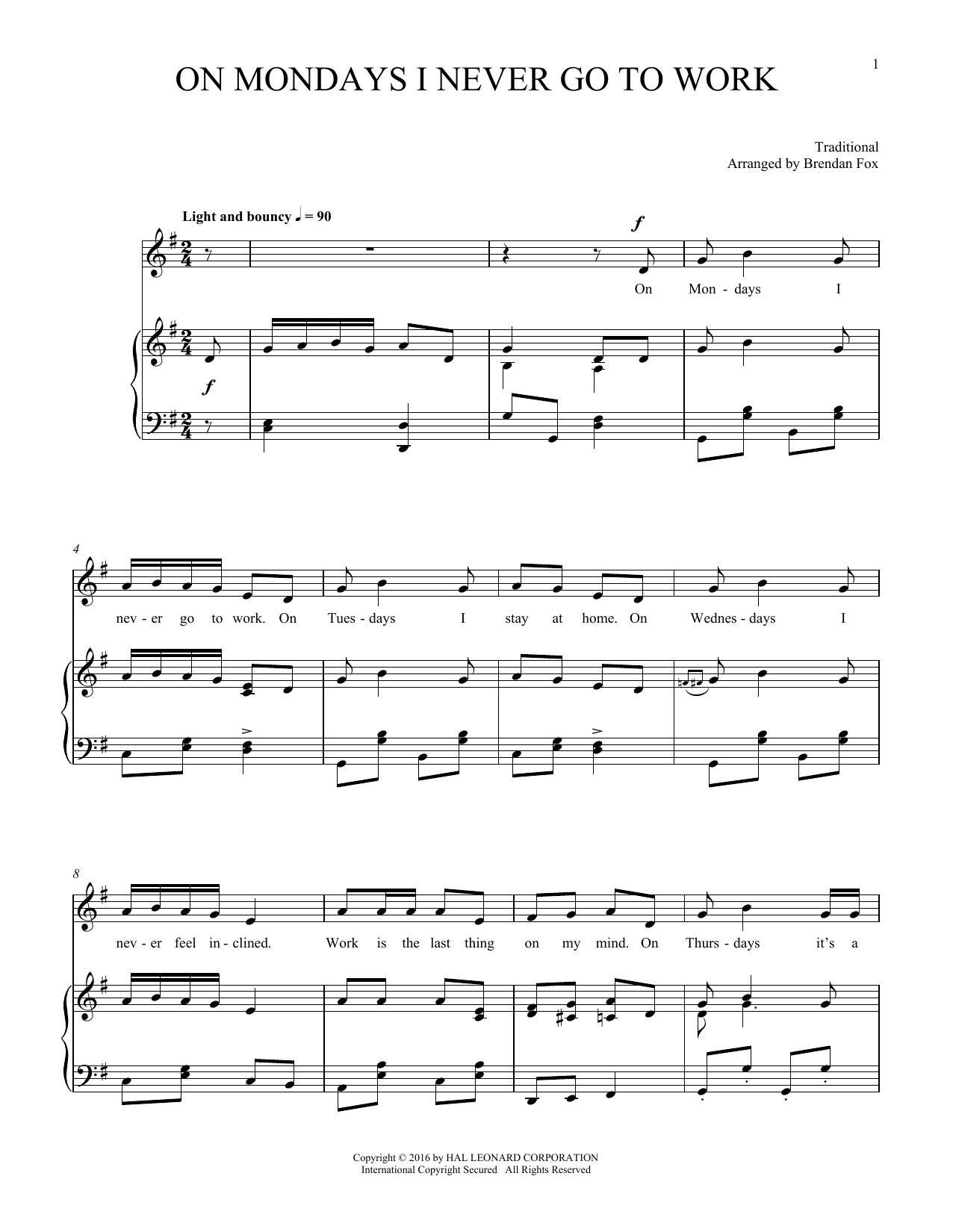 Traditional On Mondays I Never Go To Work Sheet Music Notes & Chords for Piano & Vocal - Download or Print PDF