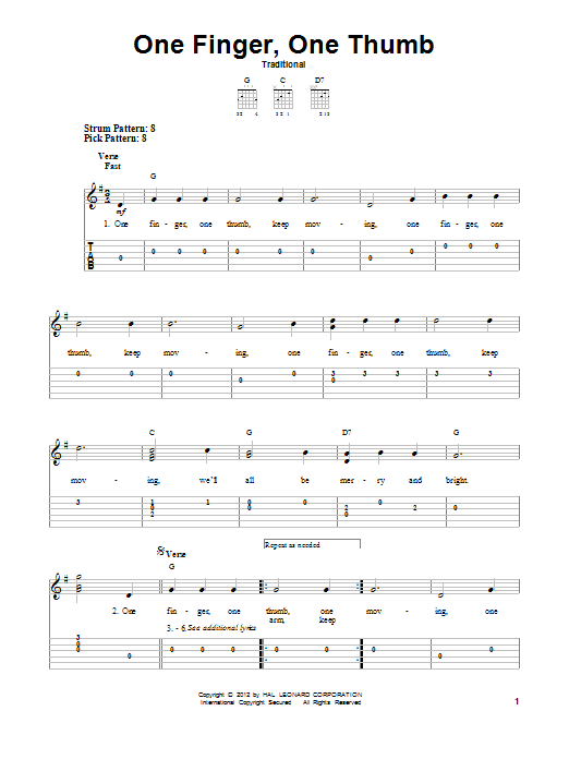 Traditional One Finger, One Thumb Sheet Music Notes & Chords for Easy Guitar Tab - Download or Print PDF