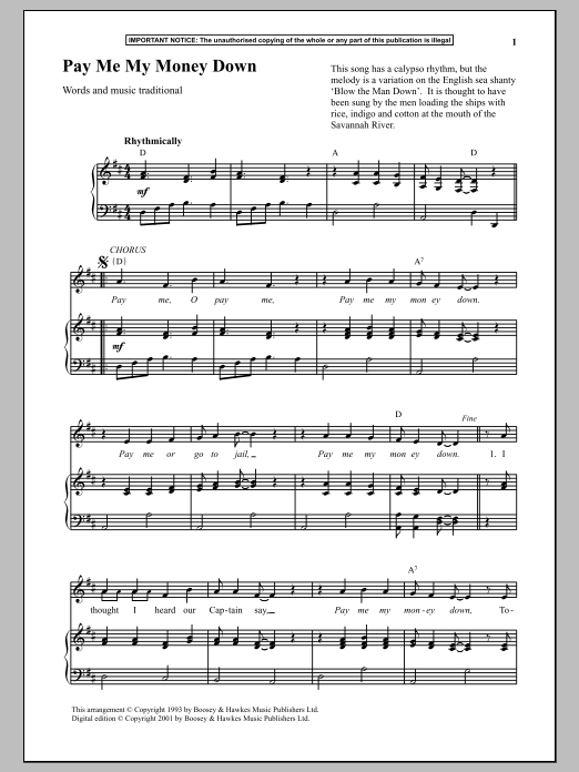 Traditional Pay Me My Money Down Sheet Music Notes & Chords for Piano - Download or Print PDF