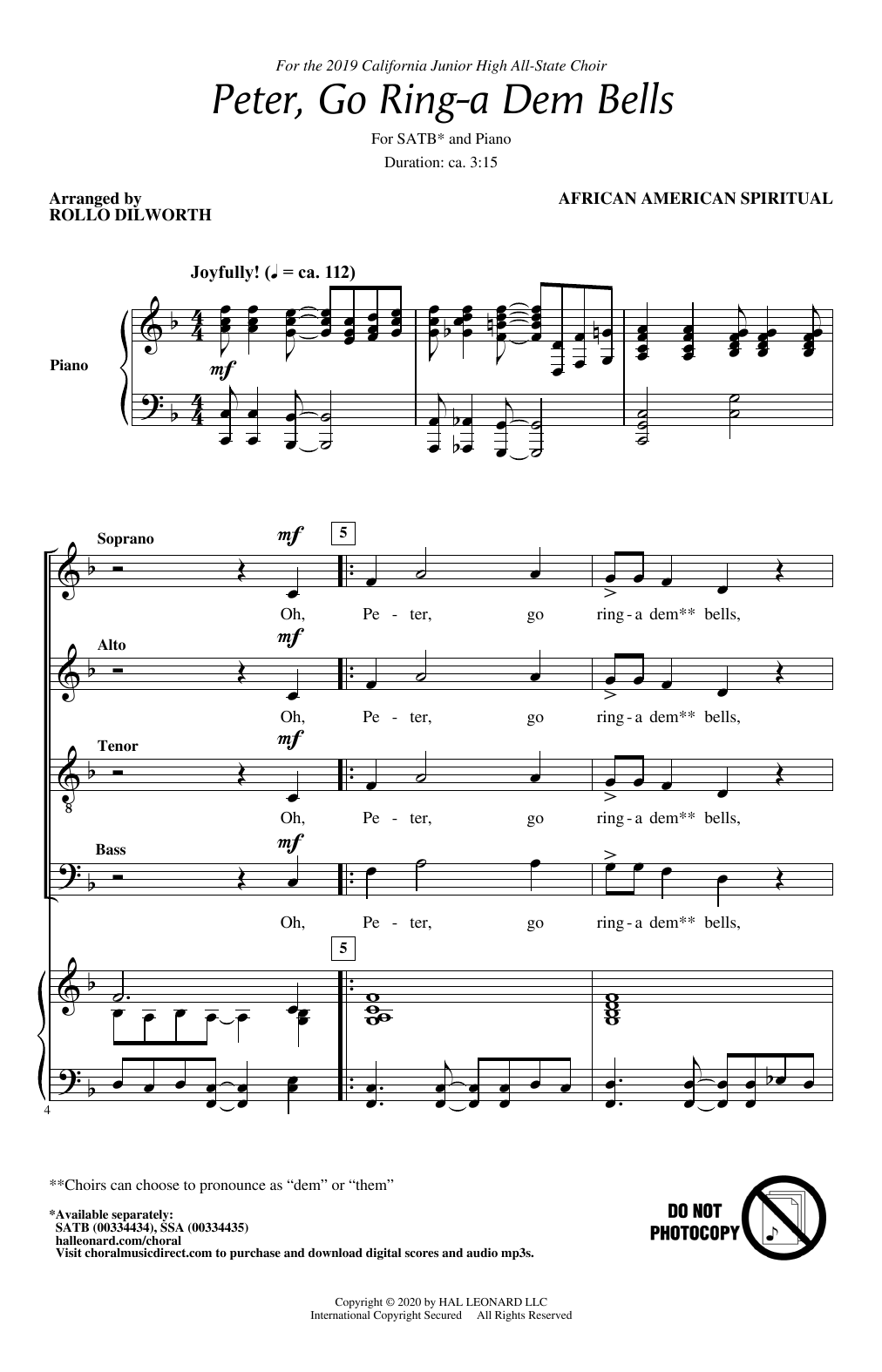 Traditional Peter Go Ring-A Dem Bells (arr. Rollo Dilworth) Sheet Music Notes & Chords for SSA Choir - Download or Print PDF
