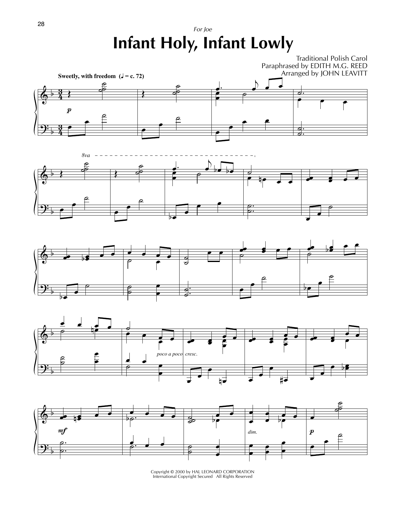 Traditional Polish Carol Infant Holy, Infant Lowly (arr. John Leavitt) Sheet Music Notes & Chords for Piano Solo - Download or Print PDF