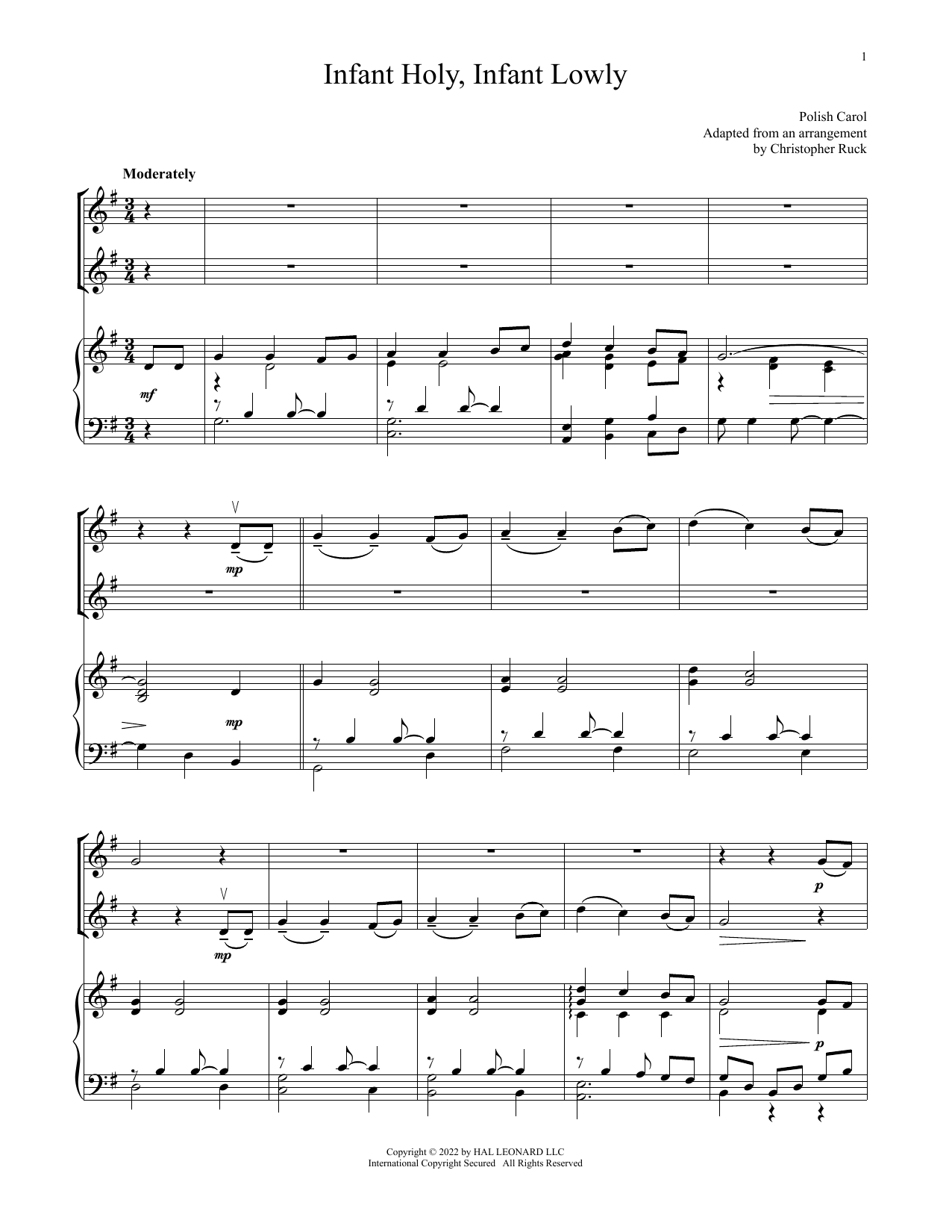 Traditional Polish Carol Infant Holy, Infant Lowly (for Violin Duet and Piano) Sheet Music Notes & Chords for Violin and Piano - Download or Print PDF