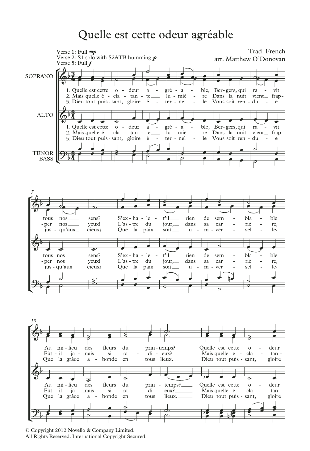 Traditional Quelle Est Cette Odeur Agreable (arr. Matthew O'Donovan) Sheet Music Notes & Chords for SATB Choir - Download or Print PDF