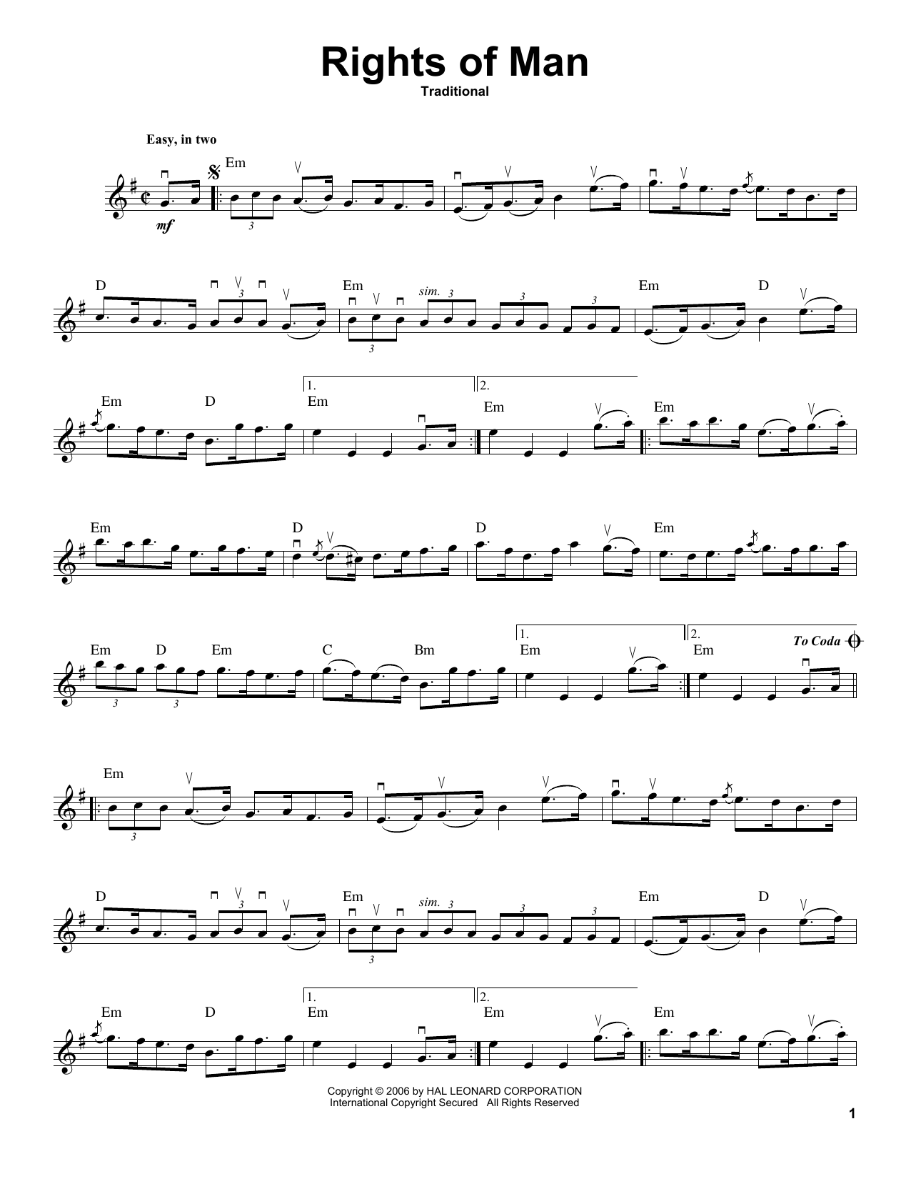 Traditional Rights Of Man Sheet Music Notes & Chords for Violin Solo - Download or Print PDF