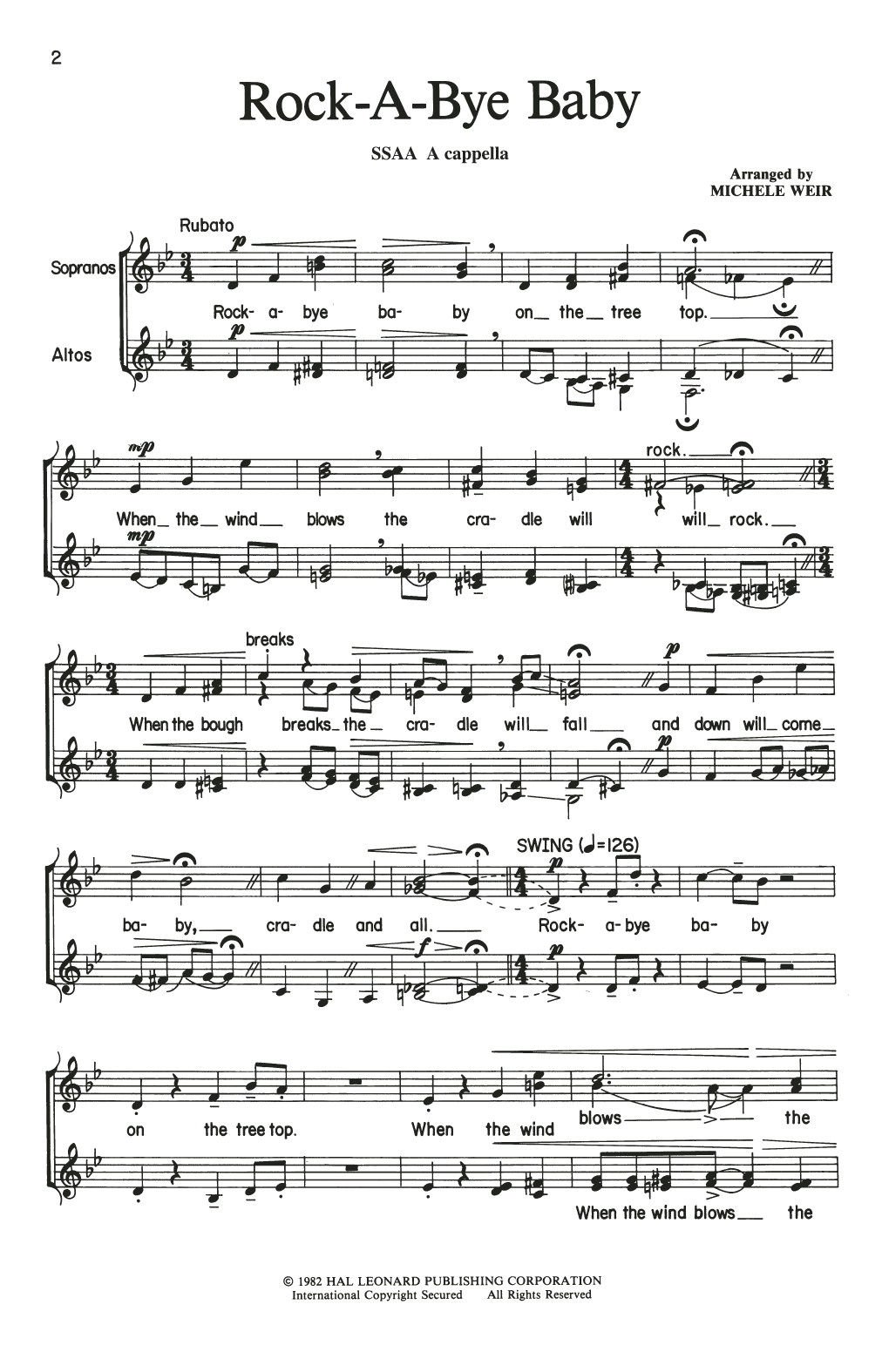 Traditional Rock-A-Bye, Baby (arr. Michele Weir) Sheet Music Notes & Chords for SSAA Choir - Download or Print PDF