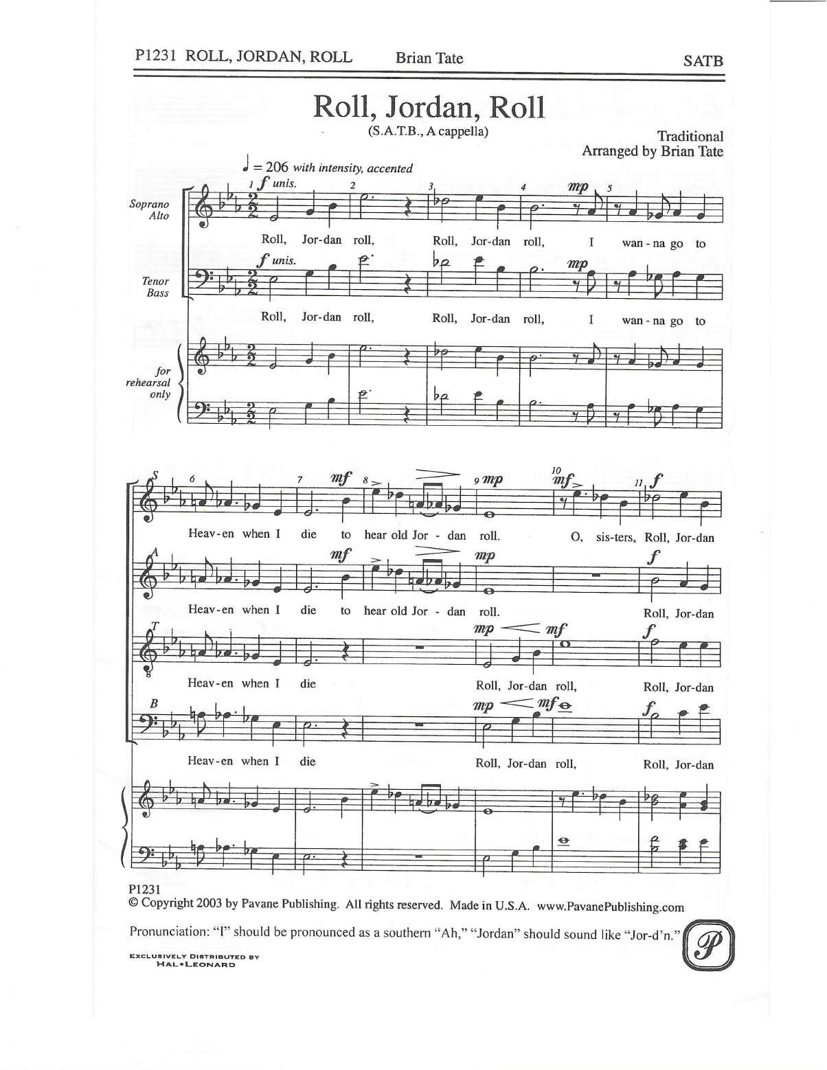 Traditional Roll, Jordan, Roll (arr. Brian Tate) Sheet Music Notes & Chords for SATB Choir - Download or Print PDF