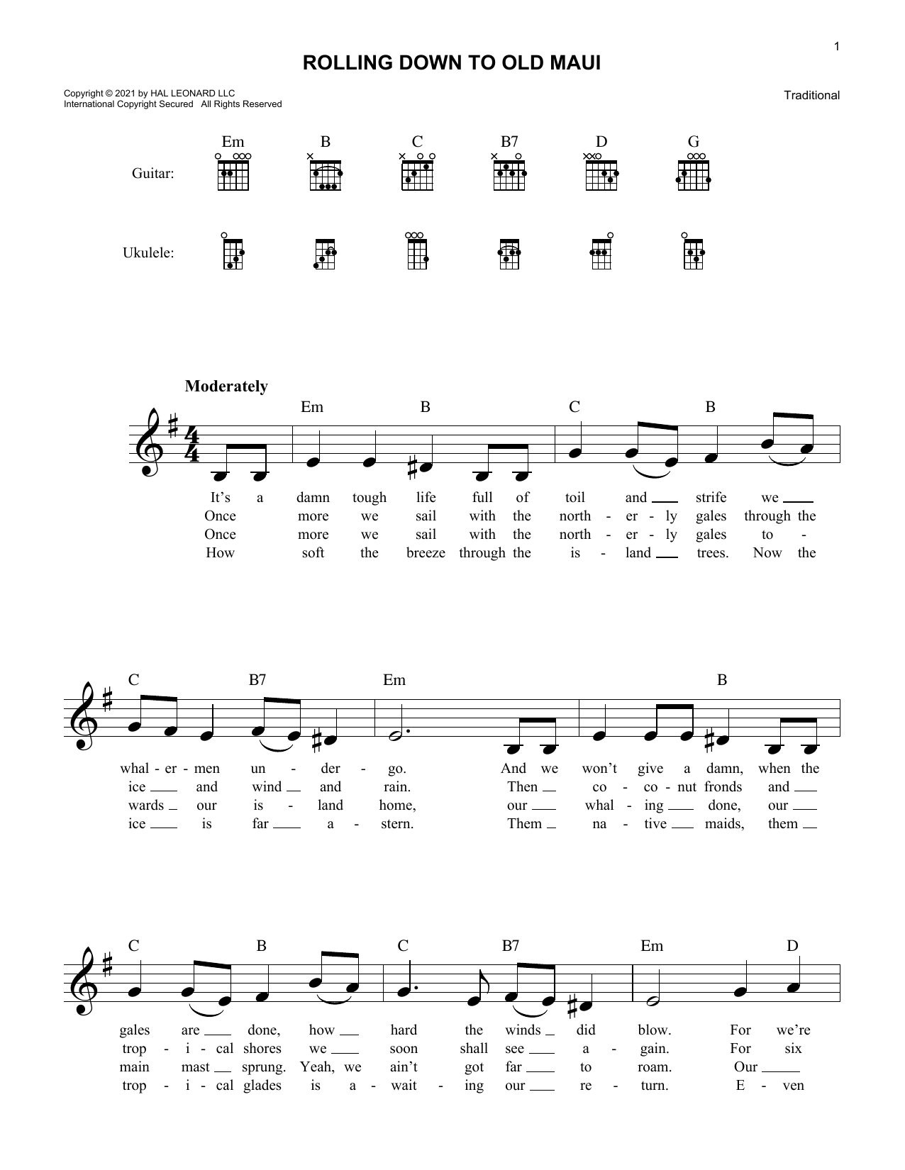 Traditional Rolling Down To Old Maui Sheet Music Notes & Chords for Lead Sheet / Fake Book - Download or Print PDF