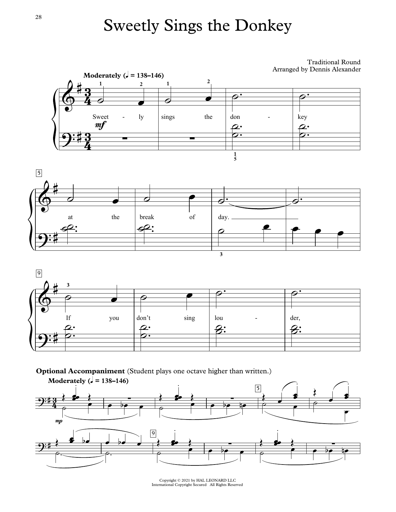 Traditional Round Sweetly Sings The Donkey (arr. Dennis Alexander) Sheet Music Notes & Chords for Educational Piano - Download or Print PDF
