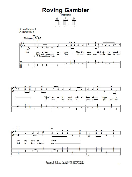 Traditional Roving Gambler Sheet Music Notes & Chords for Easy Guitar Tab - Download or Print PDF