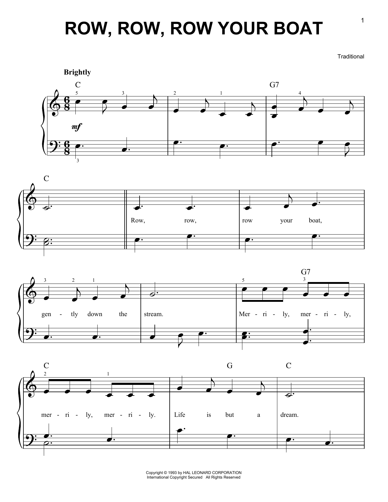 Traditional Row, Row, Row Your Boat Sheet Music Notes & Chords for Melody Line, Lyrics & Chords - Download or Print PDF