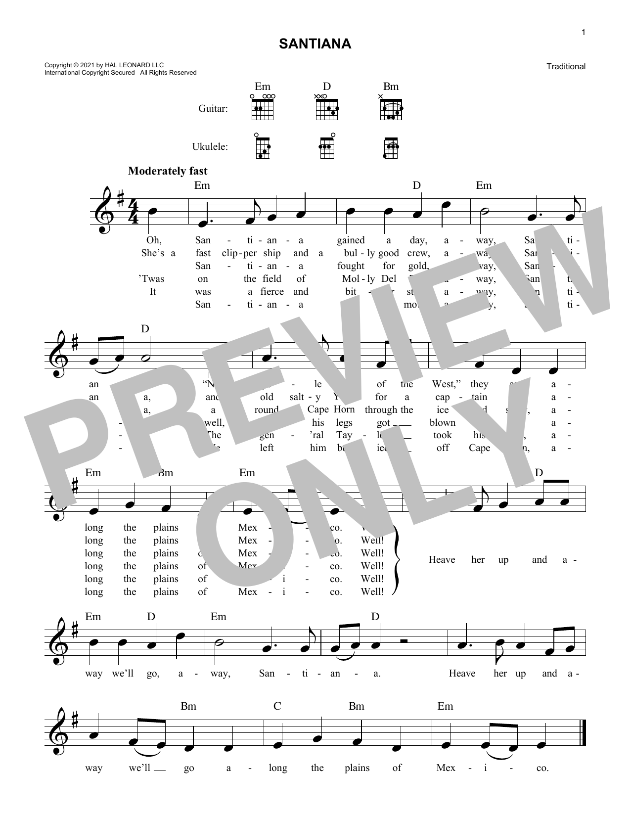 Traditional Santiana Sheet Music Notes & Chords for Lead Sheet / Fake Book - Download or Print PDF