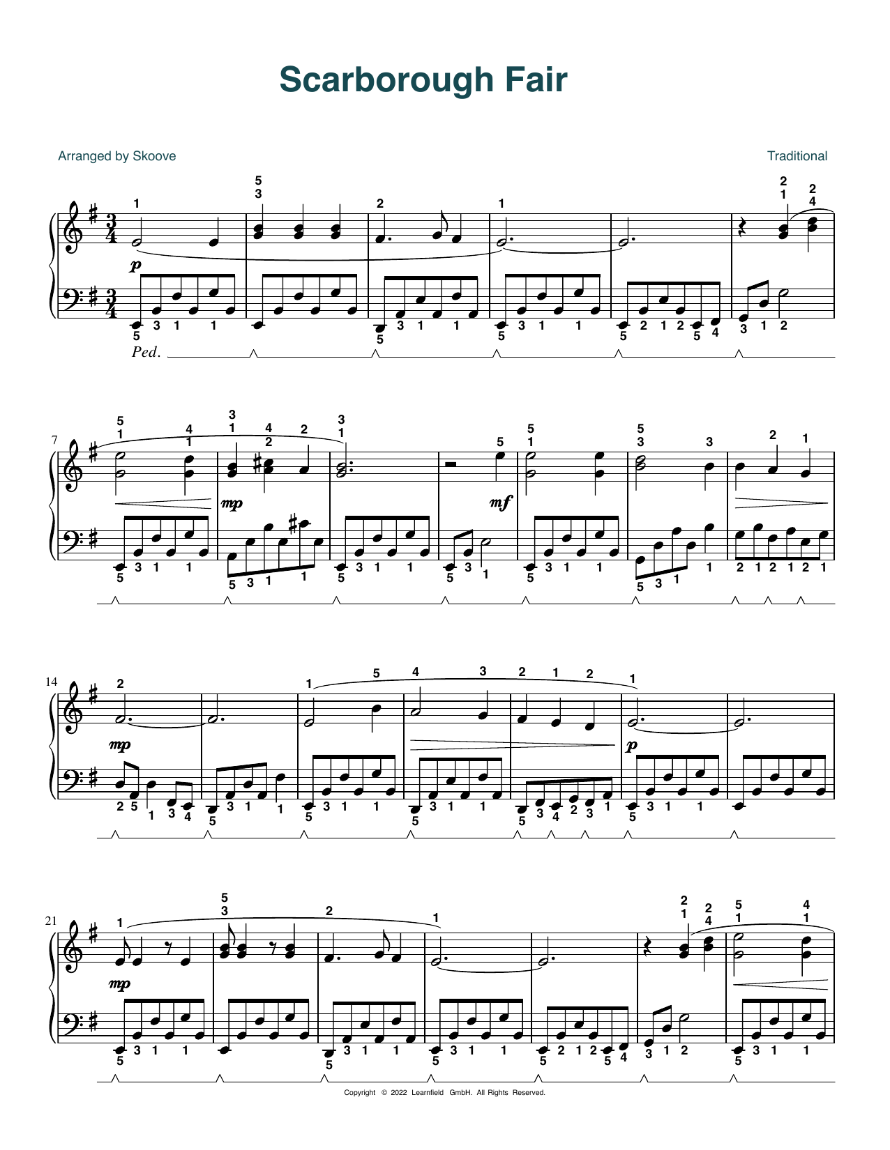 Traditional Scarborough Fair (arr. Skoove) Sheet Music Notes & Chords for Piano Solo - Download or Print PDF