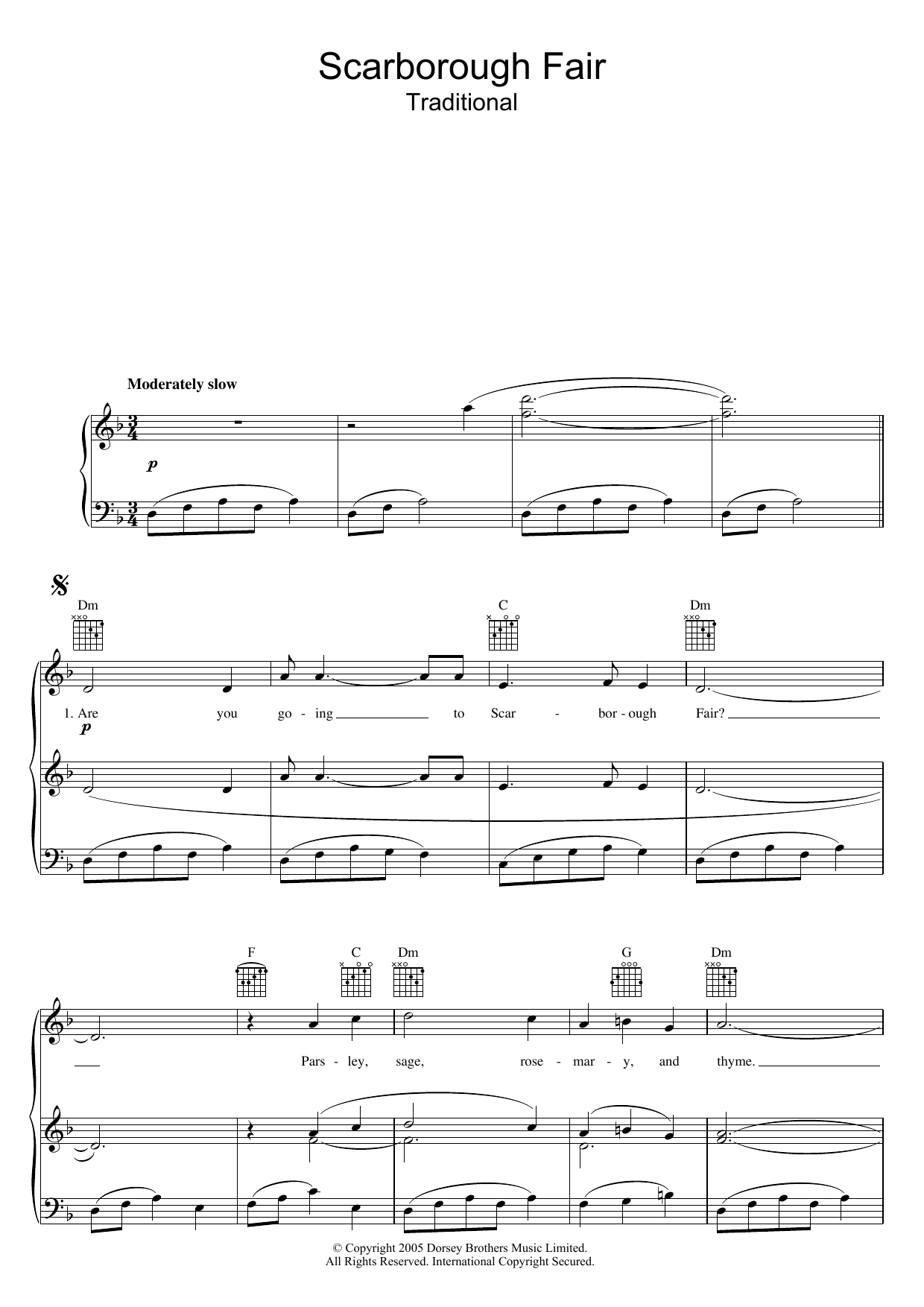 Traditional Scarborough Fair Sheet Music Notes & Chords for Piano, Vocal & Guitar (Right-Hand Melody) - Download or Print PDF