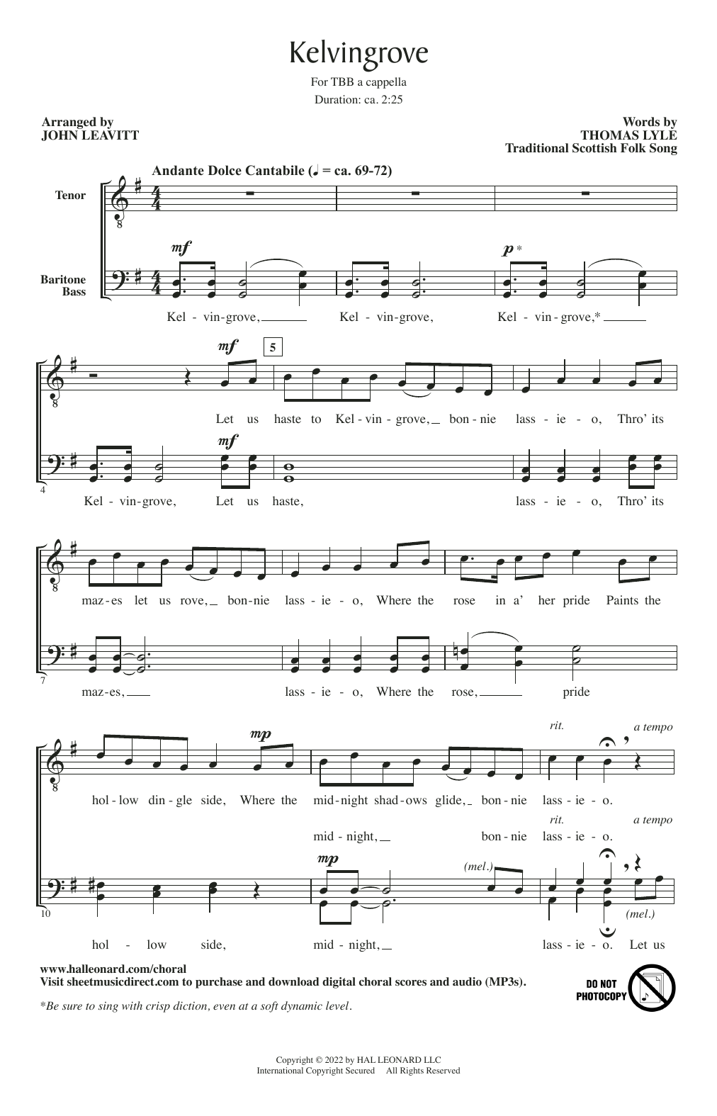 Traditional Scottish Folk Song Kelvingrove (arr. John Leavitt) Sheet Music Notes & Chords for TBB Choir - Download or Print PDF