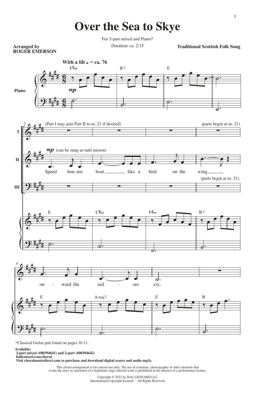 Traditional Scottish Folk Song Over The Sea To Skye (arr. Roger Emerson) Sheet Music Notes & Chords for 3-Part Mixed Choir - Download or Print PDF