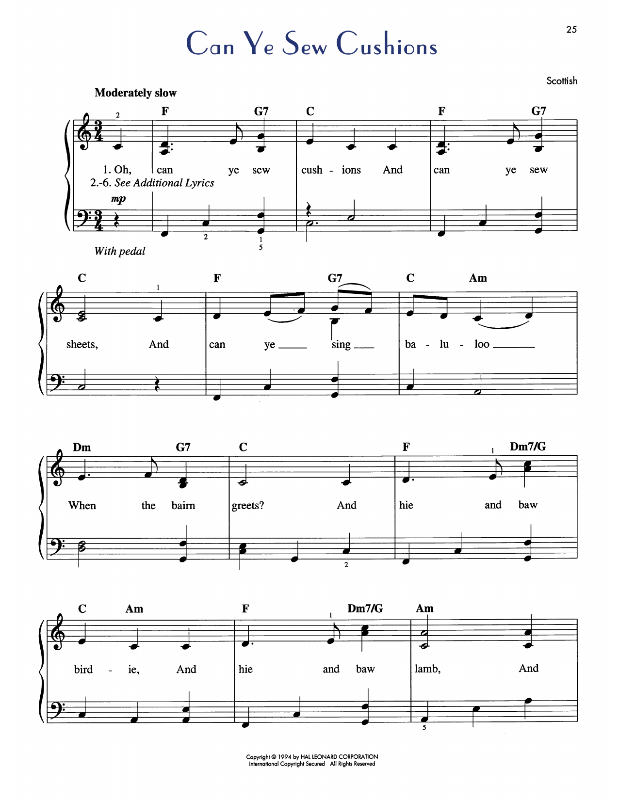 Traditional Scottish Lullaby Oh Can Ye Sew Cushions Sheet Music Notes & Chords for Easy Piano - Download or Print PDF