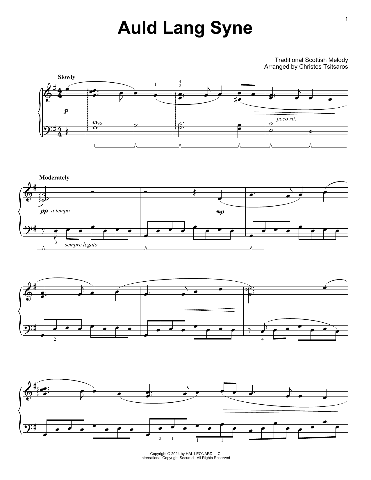 Traditional Scottish Melody Auld Lang Syne (arr. Christos Tsitsaros) Sheet Music Notes & Chords for Easy Piano Solo - Download or Print PDF