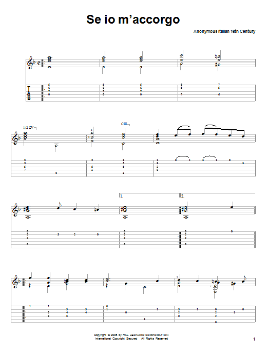 Traditional Se Io M'accorgo Sheet Music Notes & Chords for Guitar Tab - Download or Print PDF