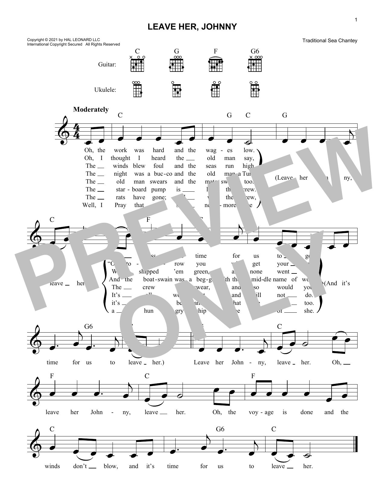 Traditional Sea Chantey Leave Her, Johnny Sheet Music Notes & Chords for Lead Sheet / Fake Book - Download or Print PDF