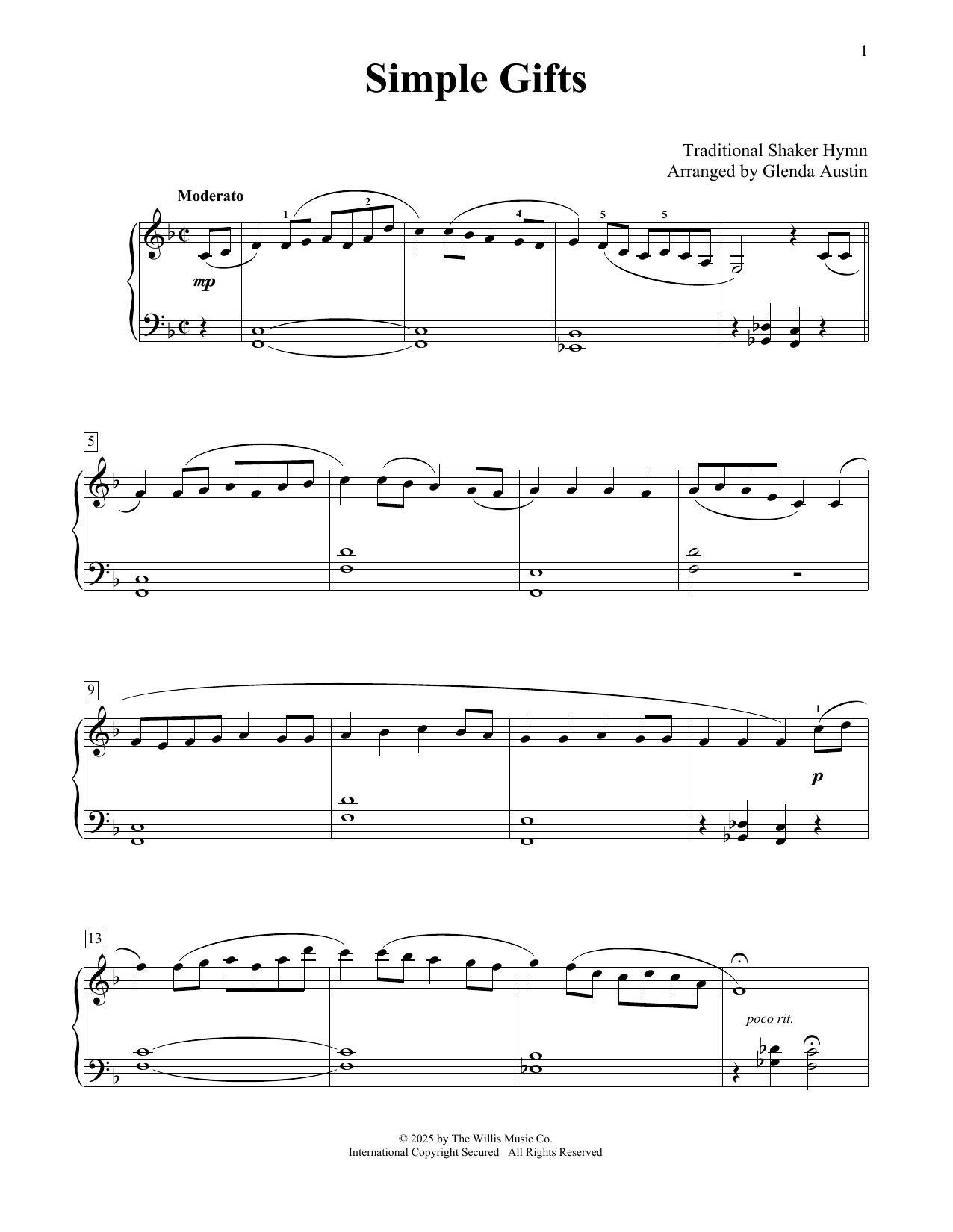 Traditional Shaker Hymn Simple Gifts (arr. Glenda Austin) Sheet Music Notes & Chords for Educational Piano - Download or Print PDF