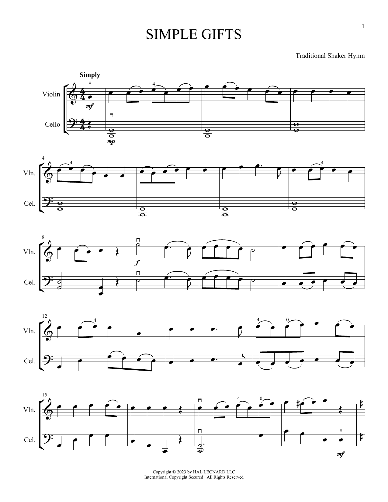 Traditional Shaker Hymn Simple Gifts (arr. Michelle Hynson) Sheet Music Notes & Chords for Instrumental Duet - Download or Print PDF