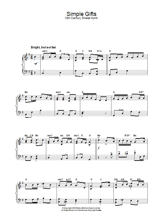 Traditional Shaker Hymn Simple Gifts Sheet Music Notes & Chords for Super Easy Piano - Download or Print PDF