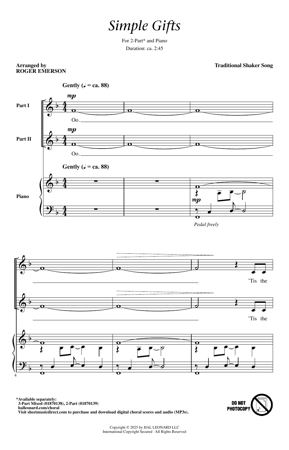 Traditional Shaker Song Simple Gifts (arr. Roger Emerson) Sheet Music Notes & Chords for 2-Part Choir - Download or Print PDF Traditional Shaker Song Simple Gifts (arr. Roger Emerson) Sheet Music Notes & Chords for 2-Part Choir - Download or Print PDF