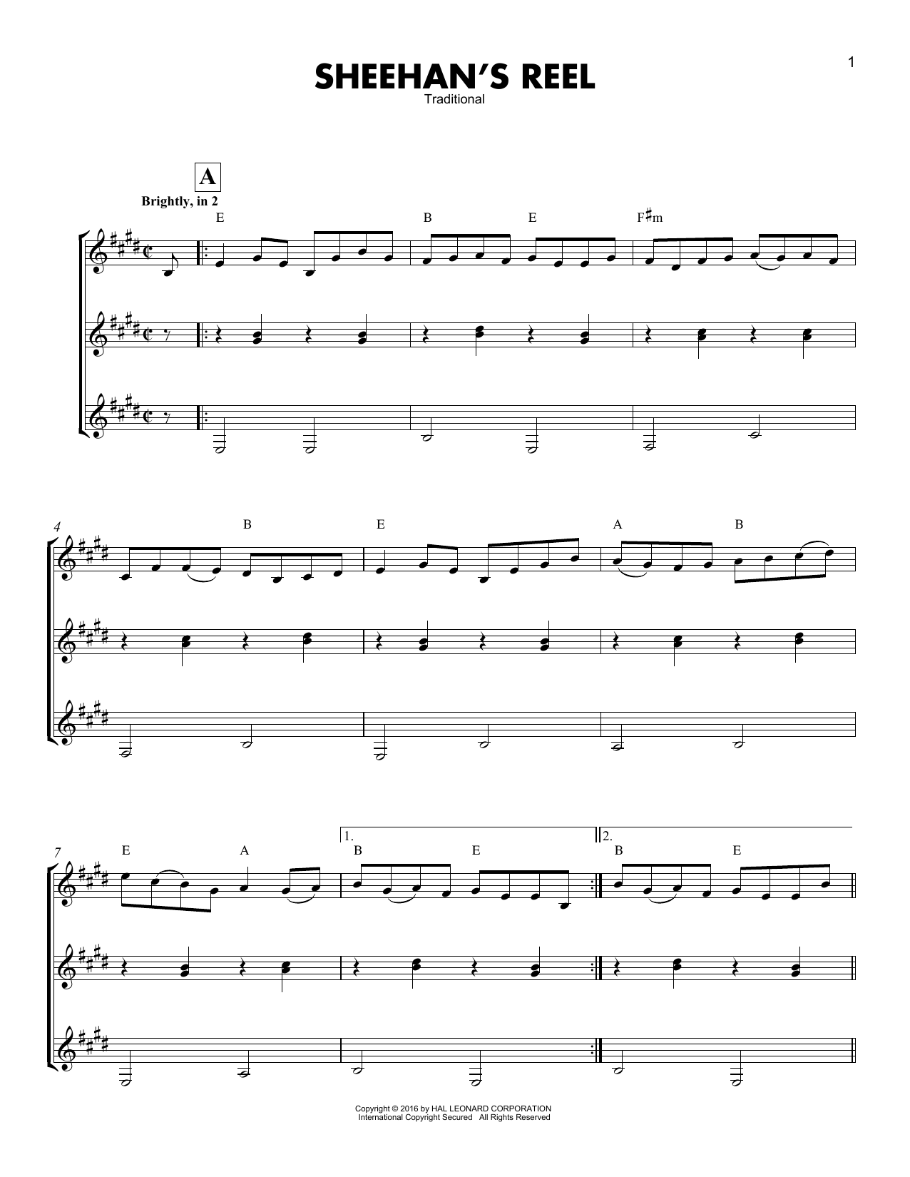 Traditional Sheehan's Reel Sheet Music Notes & Chords for Guitar Ensemble - Download or Print PDF