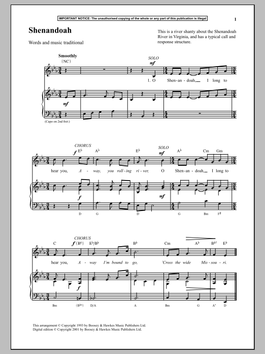 Traditional Shenandoah Sheet Music Notes & Chords for Piano - Download or Print PDF