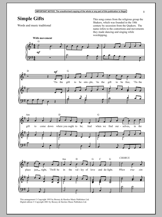 Traditional Simple Gifts Sheet Music Notes & Chords for Piano - Download or Print PDF
