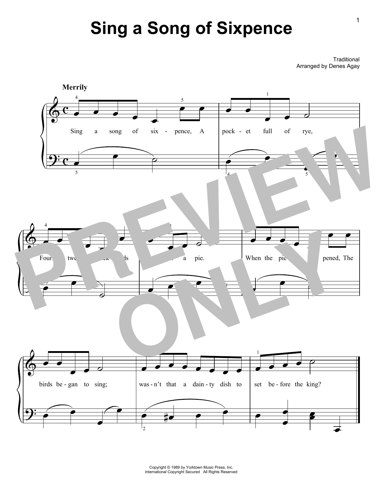 Traditional Sing A Song Of Sixpence (arr. Denes Agay) Sheet Music Notes & Chords for Easy Piano - Download or Print PDF