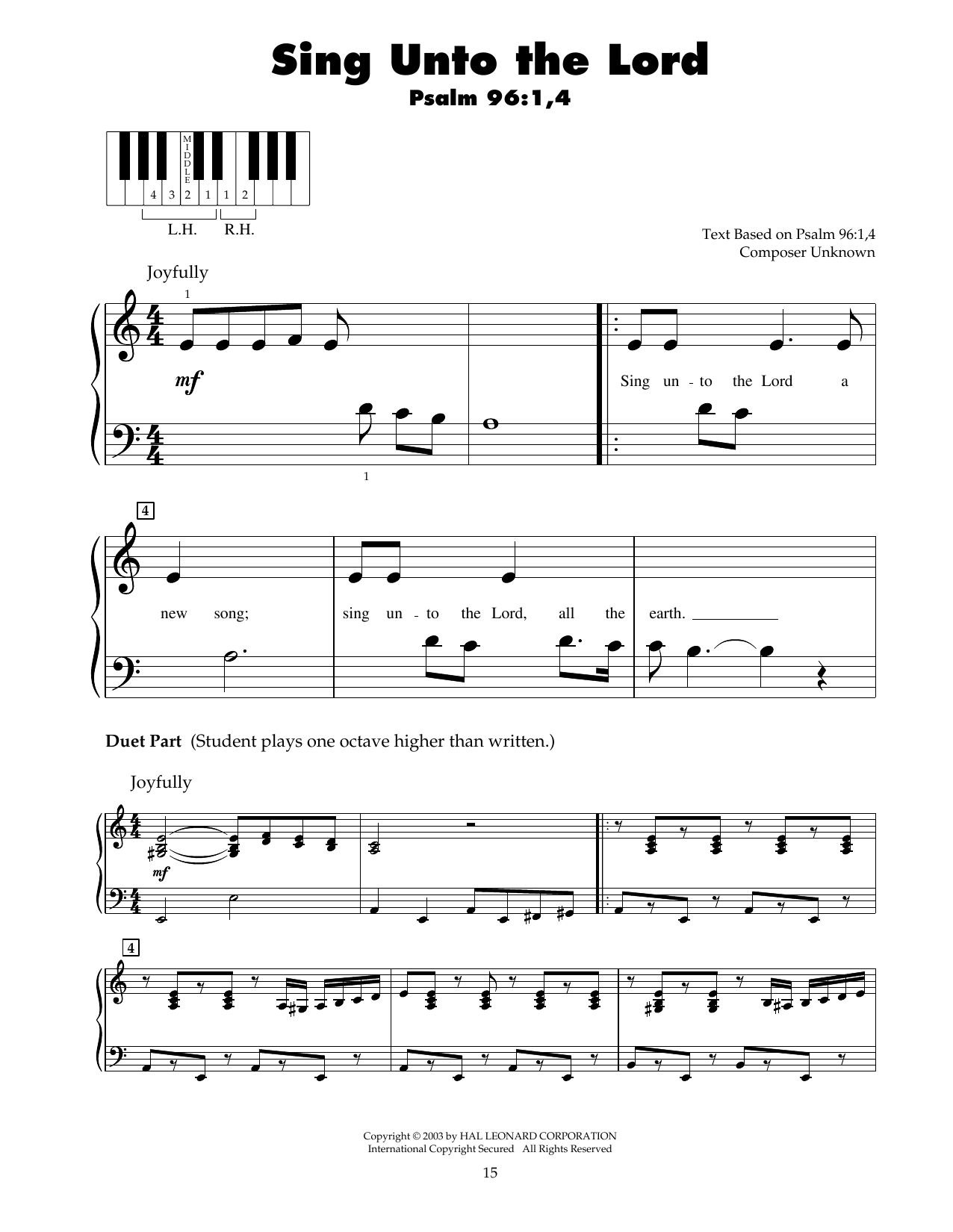Traditional Sing Unto The Lord Sheet Music Notes & Chords for 5-Finger Piano - Download or Print PDF