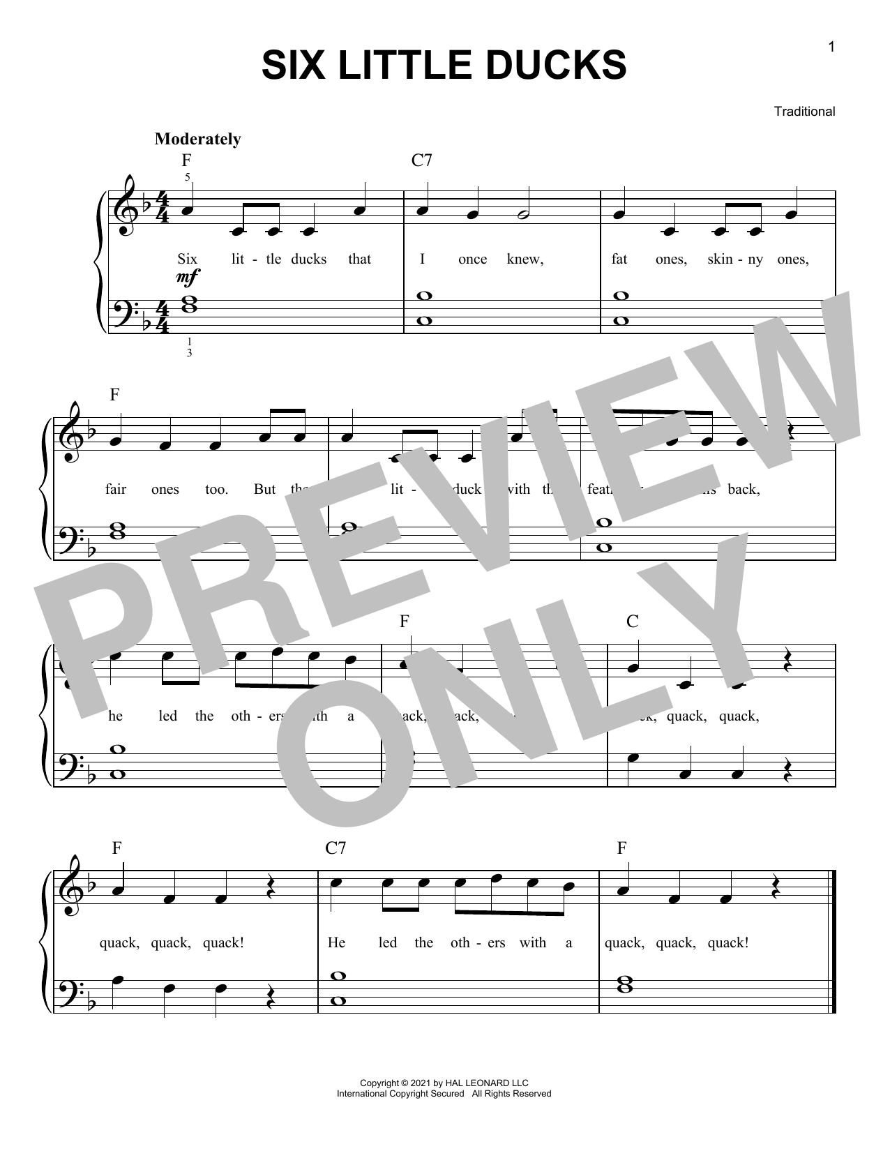 Traditional Six Little Ducks Sheet Music Notes & Chords for Easy Piano - Download or Print PDF