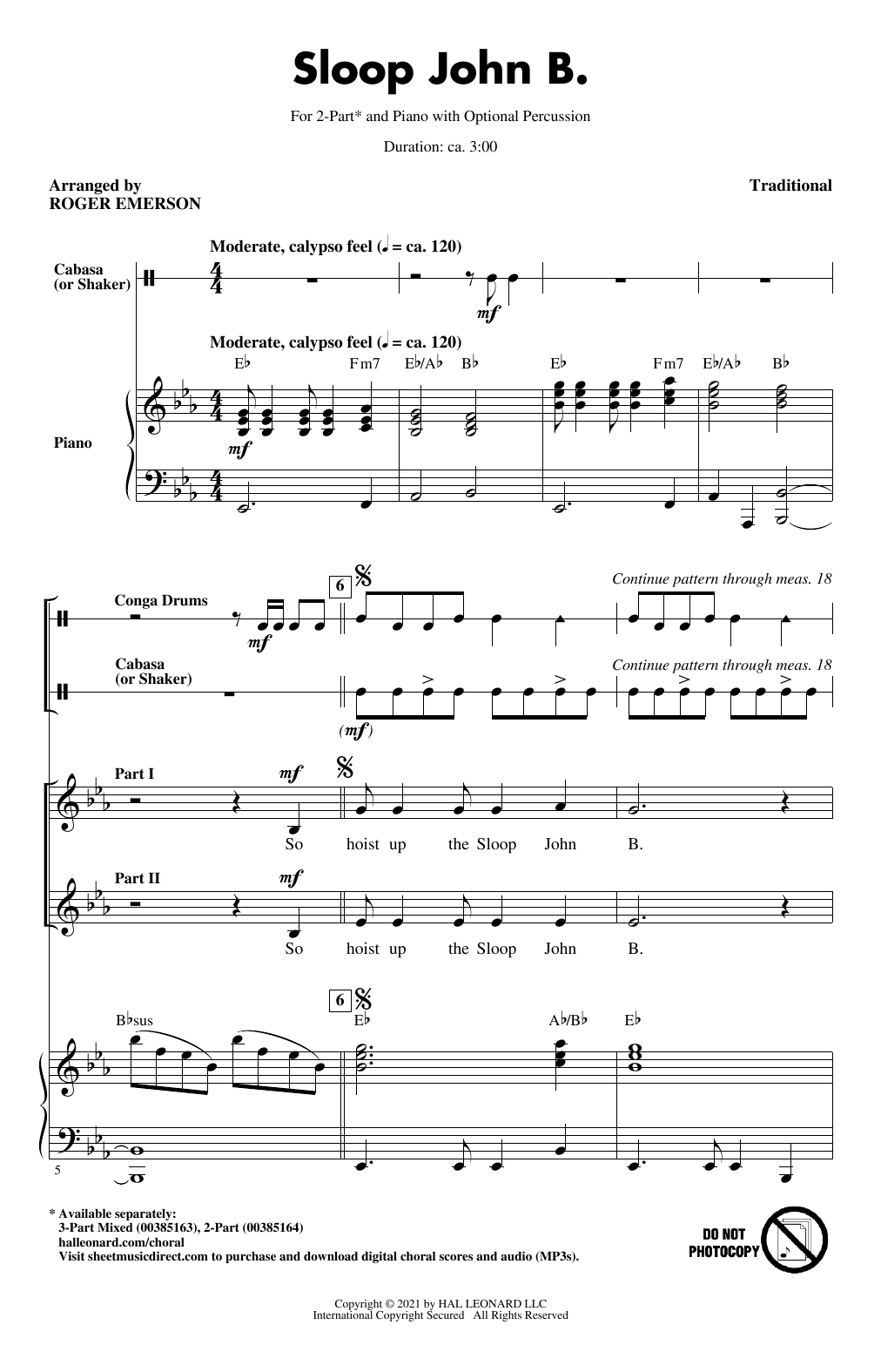 Traditional Sloop John B. (arr. Roger Emerson) Sheet Music Notes & Chords for 2-Part Choir - Download or Print PDF