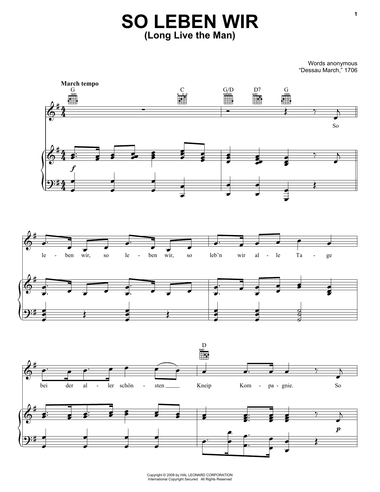 Traditional So Leben Wir (Long Live The Man) Sheet Music Notes & Chords for Piano, Vocal & Guitar (Right-Hand Melody) - Download or Print PDF