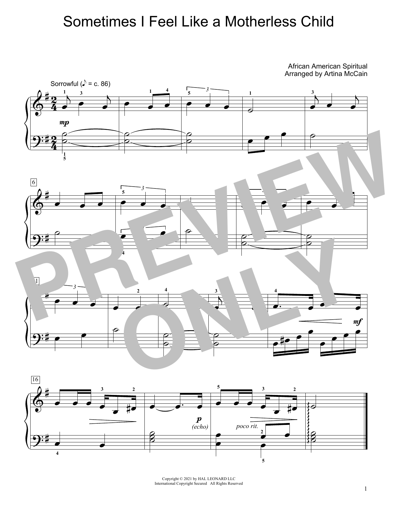 Traditional Sometimes I Feel Like A Motherless Child (arr. Artina McCain) Sheet Music Notes & Chords for Educational Piano - Download or Print PDF