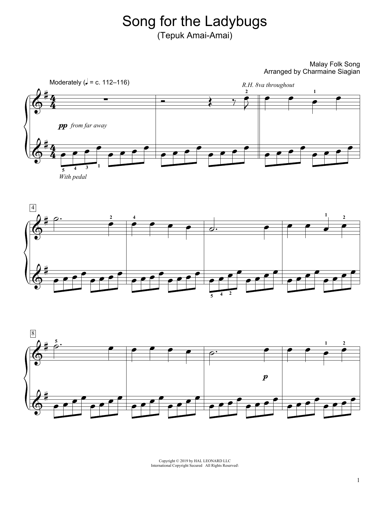 Traditional Song For The Ladybugs (Tepuk Amai-Amai) (arr. Charmaine Siagian) Sheet Music Notes & Chords for Educational Piano - Download or Print PDF