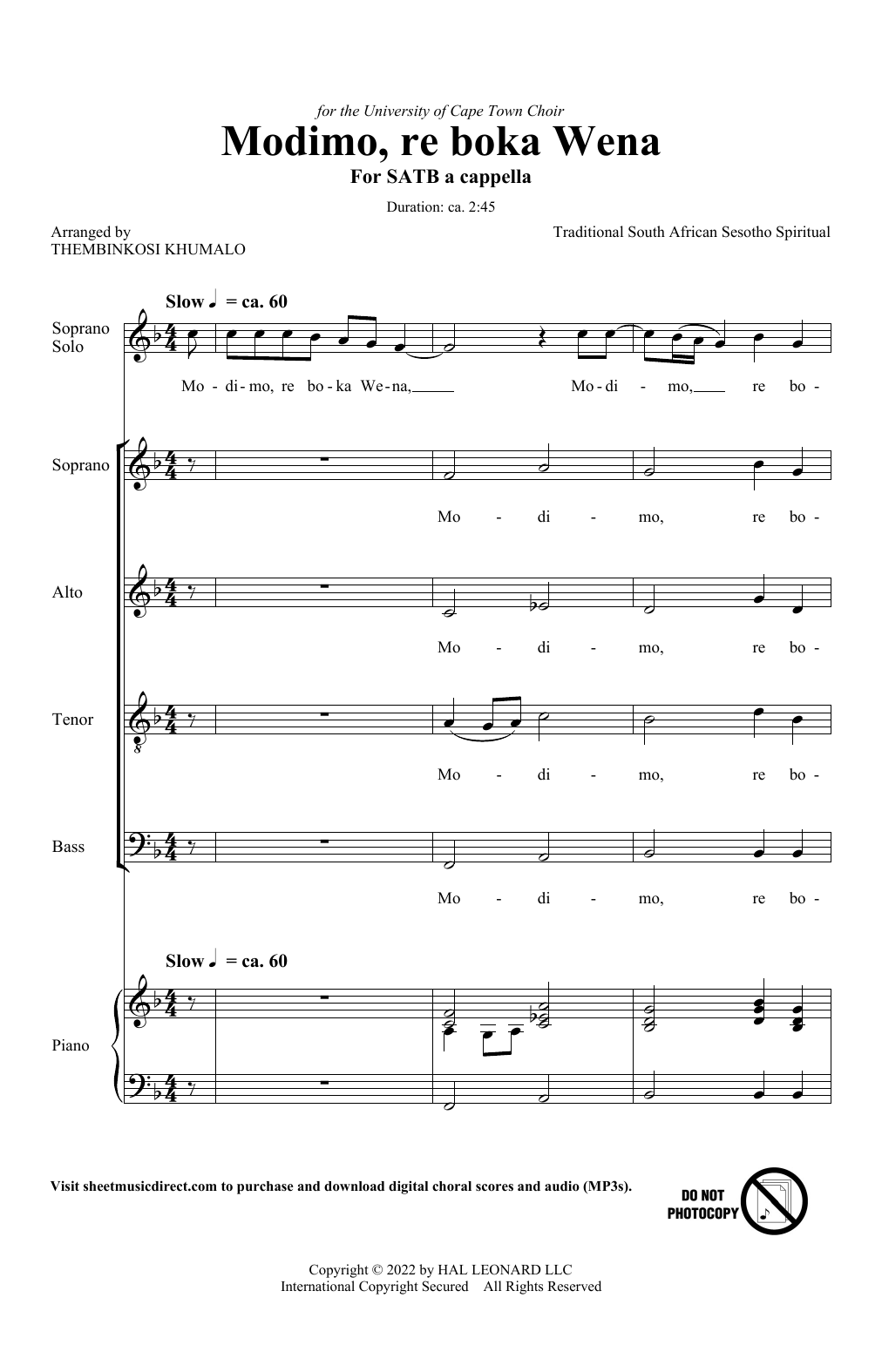 Traditional South African Folk Song Modimo, re boka Wena (arr. Thembinkosi Khumalo) Sheet Music Notes & Chords for SATB Choir - Download or Print PDF