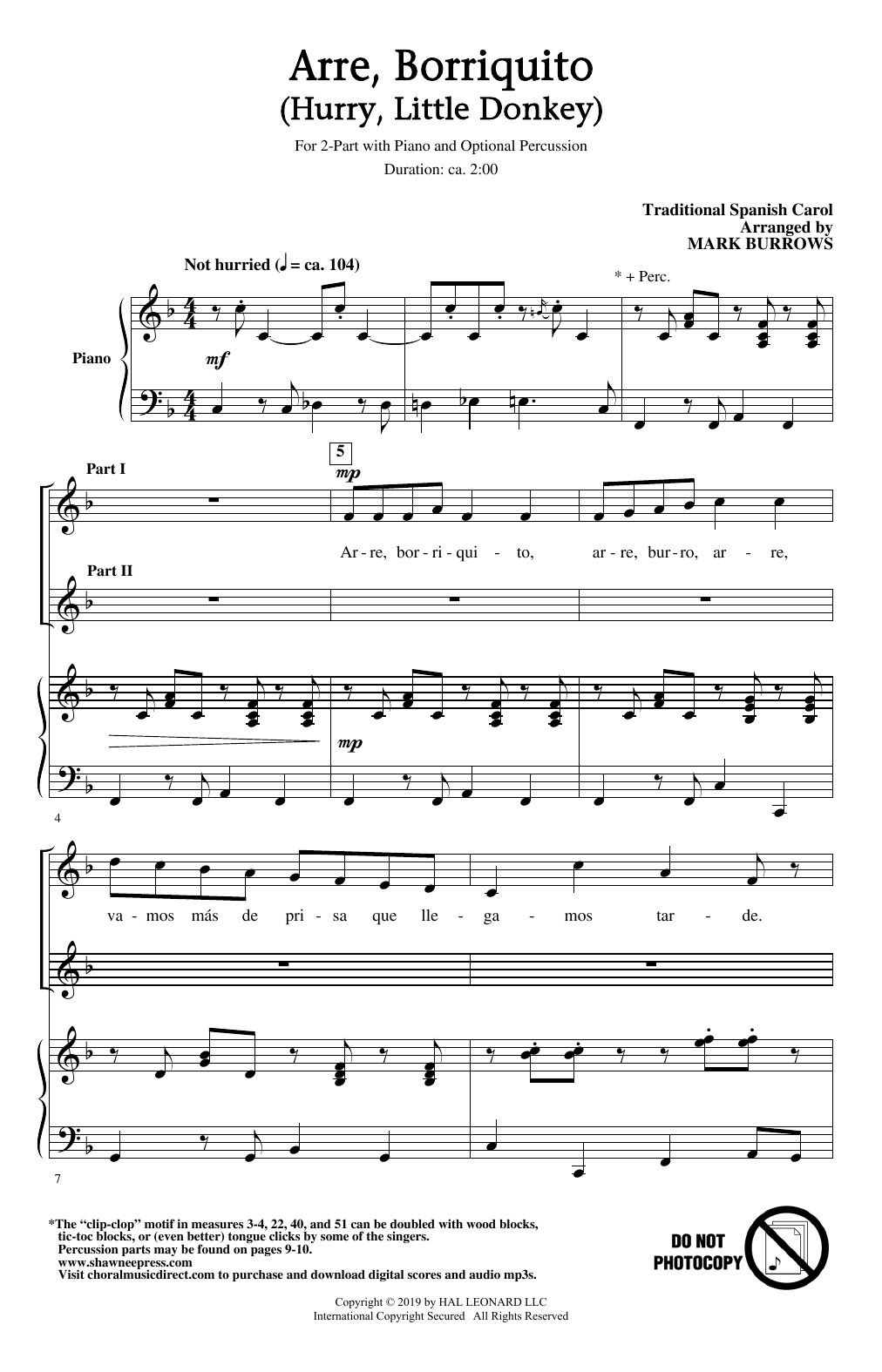 Traditional Spanish Carol Arre Borriquito (Hurry, Little Donkey) (arr. Mark Burrows) Sheet Music Notes & Chords for 2-Part Choir - Download or Print PDF