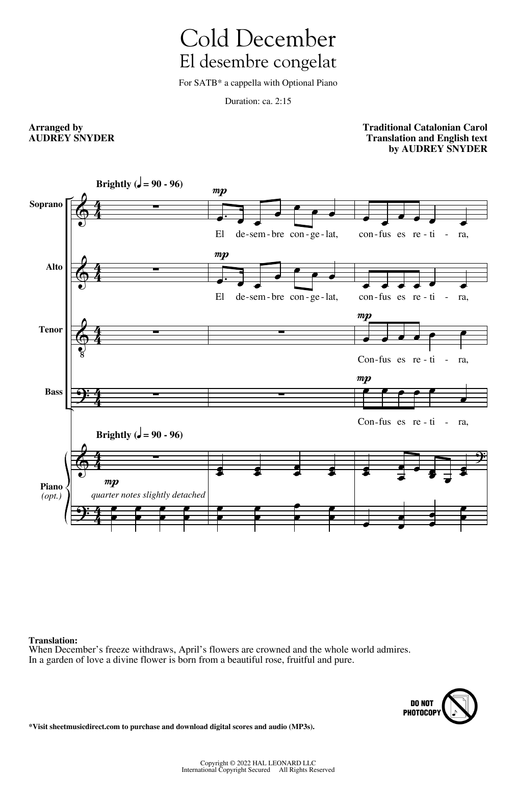 Traditional Spanish Carol El Desembre Congelat (arr. Audrey Snyder) Sheet Music Notes & Chords for SATB Choir - Download or Print PDF