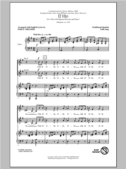 Traditional Spanish Folksong El Vito (arr. Emily Crocker) Sheet Music Notes & Chords for 2-Part Choir - Download or Print PDF