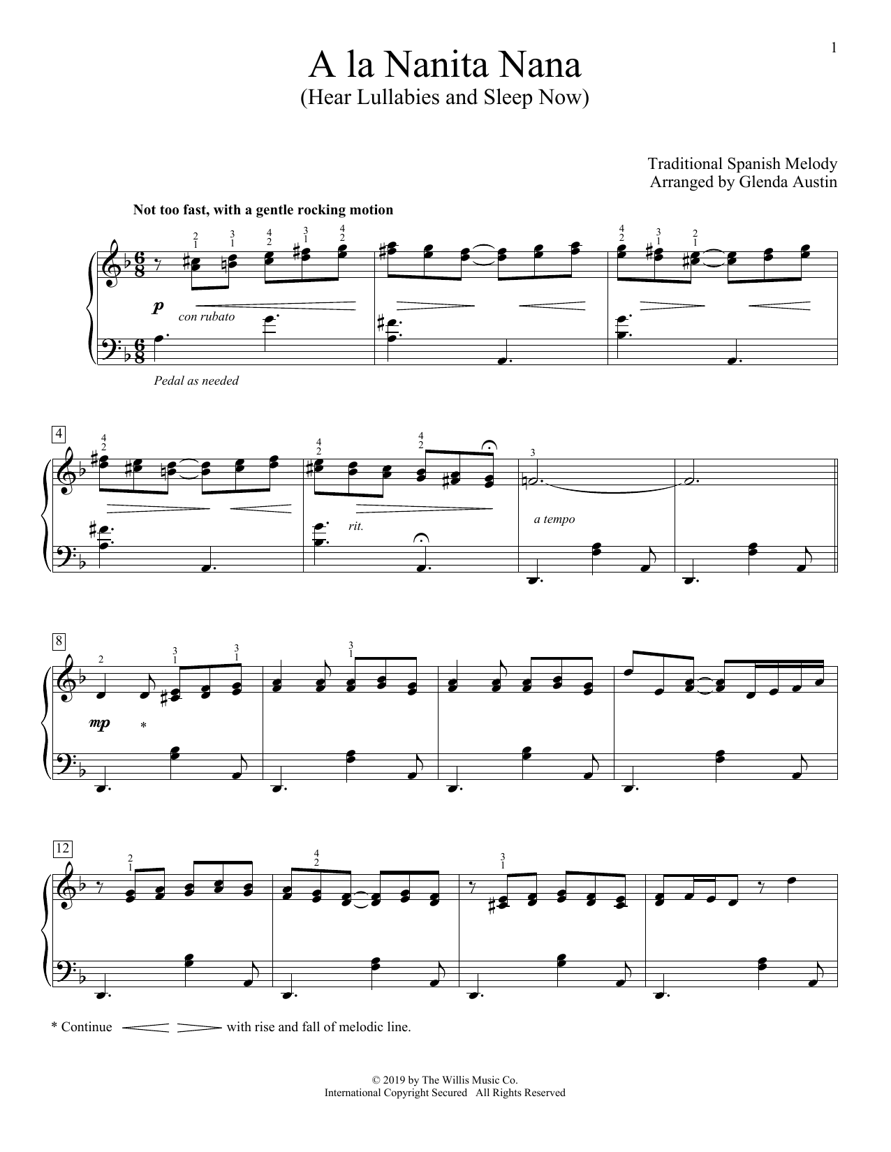 Traditional Spanish Melody A La Nanita Nana (Hear Lullabies And Sleep Now) (arr. Glenda Austin) Sheet Music Notes & Chords for Piano Solo - Download or Print PDF