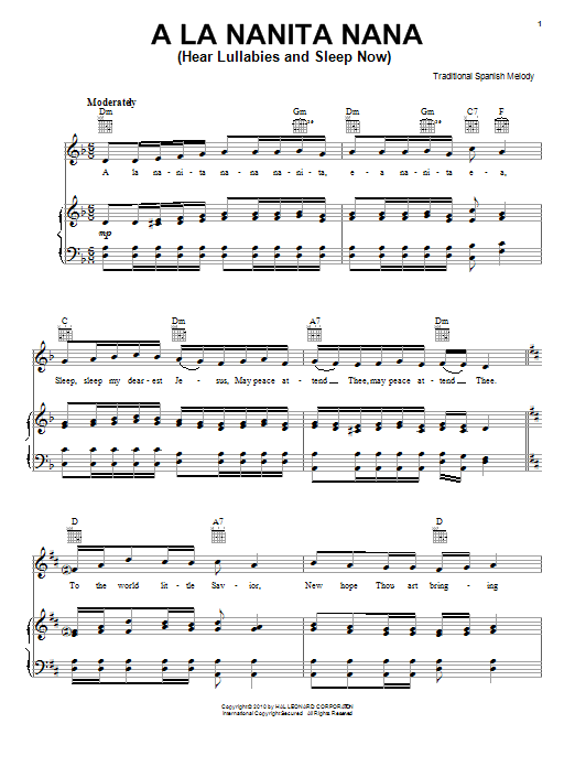 Traditional Spanish Melody A La Nanita Nana (Hear Lullabies And Sleep Now) Sheet Music Notes & Chords for Piano, Vocal & Guitar (Right-Hand Melody) - Download or Print PDF
