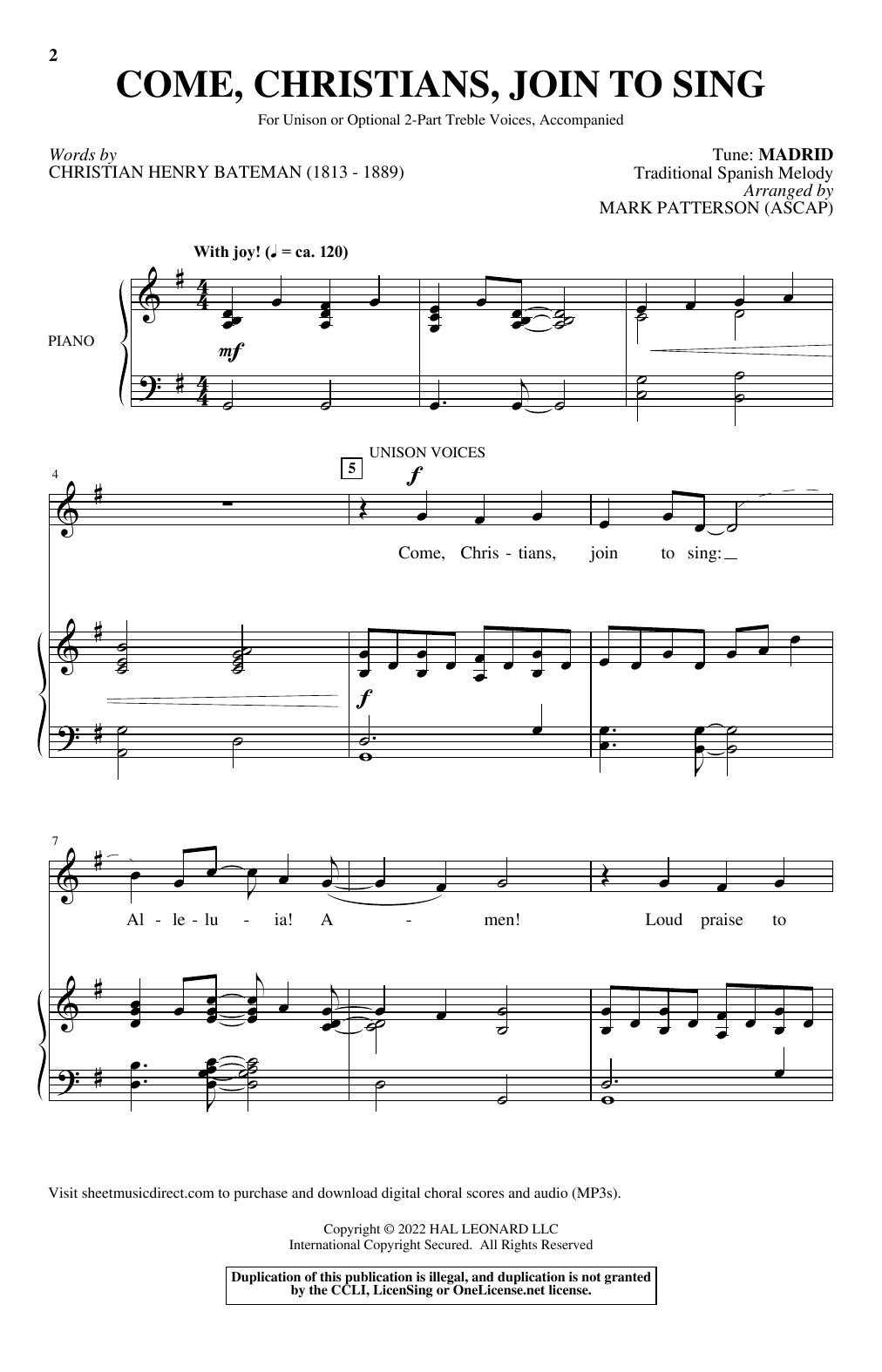 Traditional Spanish Melody Come, Christians, Join To Sing (arr. Mark Patterson) Sheet Music Notes & Chords for Unison Choir - Download or Print PDF
