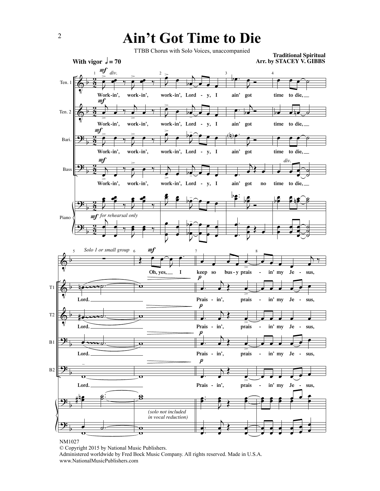Traditional Spiritual Ain't Got Time To Die (arr. Stacey V. Gibbs) Sheet Music Notes & Chords for TTBB Choir - Download or Print PDF